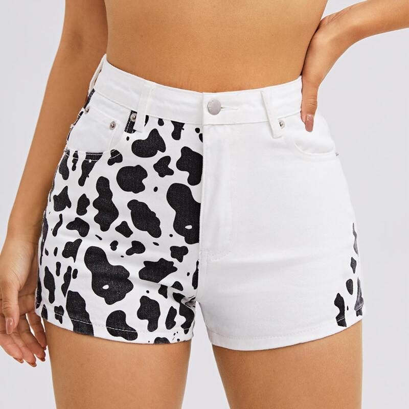 

High Waist Cow Pattern Denim Shorts, Black and white