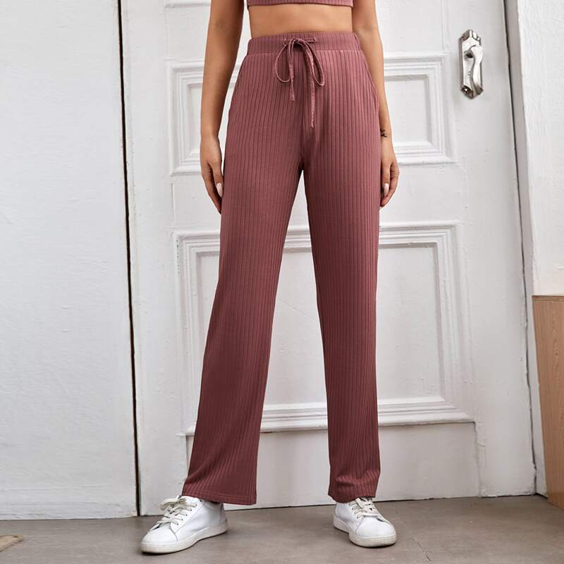

Solid Drawstring Waist Straight Pants, Redwood