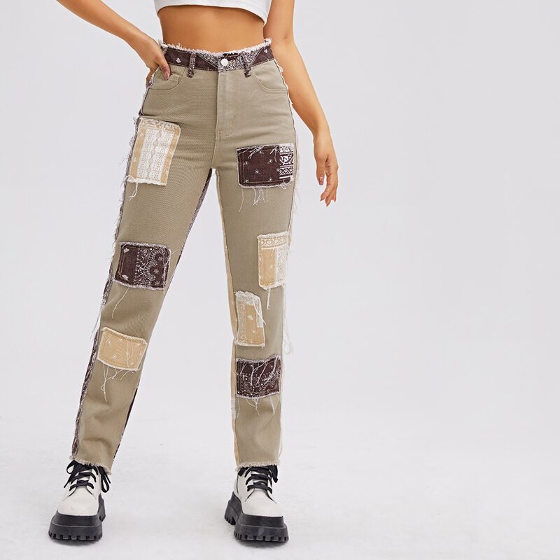 

High Waist Scarf Print Patched Detail Jeans, Multicolor