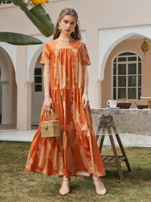 Vestido babydoll bajo fruncido con estampado - Naranja - Ver 1