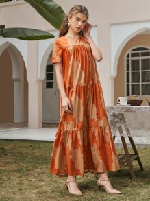 Vestido babydoll bajo fruncido con estampado - Naranja - Ver 5