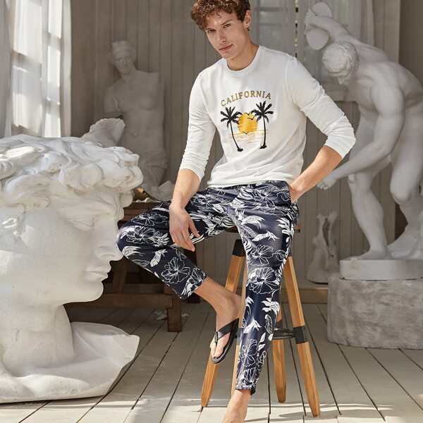

Men Tropical Print Slant Pocket Pants, Blue and white