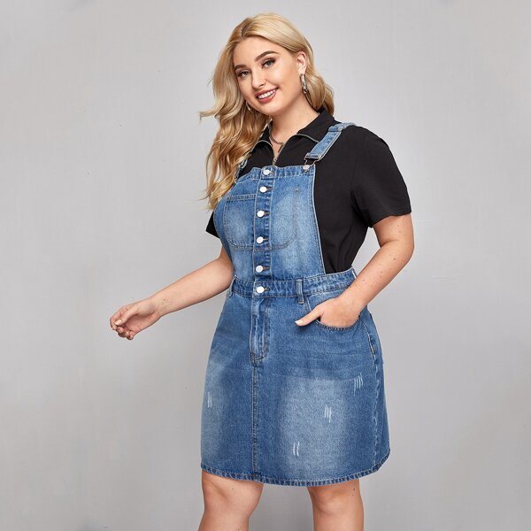 

Plus Button Front Overall Denim Dress Without Tee, Medium wash