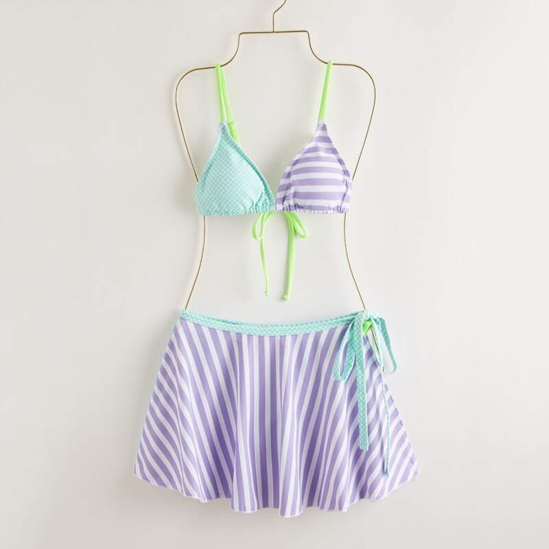 

3pack Colorblock Striped Polka Dot Bikini Swimsuit, Multicolor