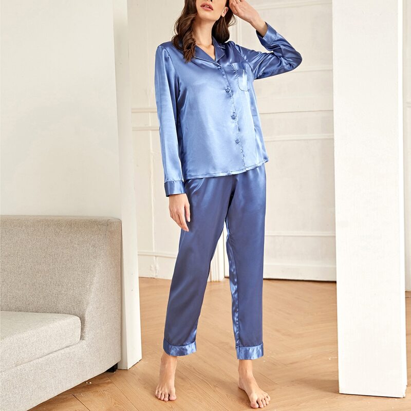

Button Front Solid Satin Night Set, Blue