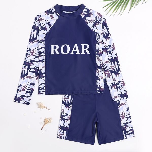 

Boys Letter Graphic Two Piece Swimsuit, Blue and white