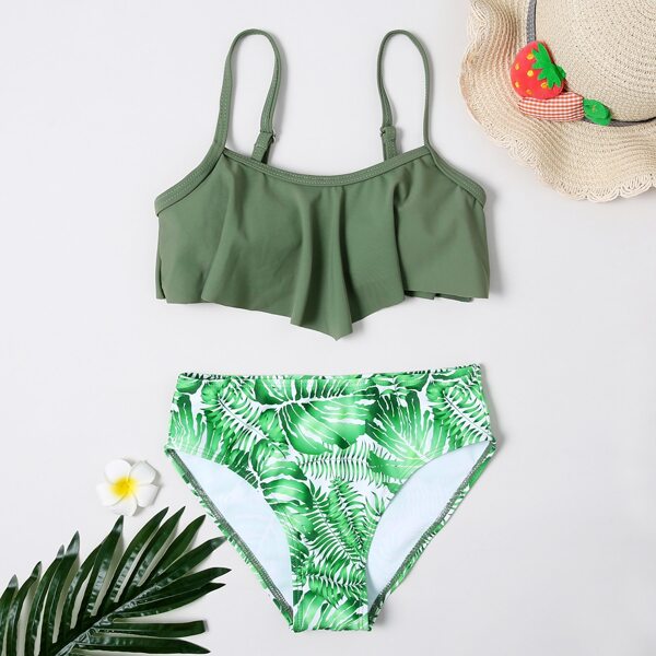 

Girls Tropical Ruffle Bikini Swimsuit, Green