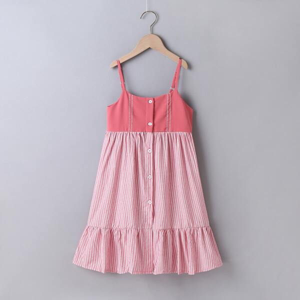 

Girls Striped Button Front Ruffle Hem Cami Dress, Pink