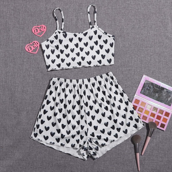 

Allover Heart Print Crop Cami Top & Shorts PJ Set, Black and white