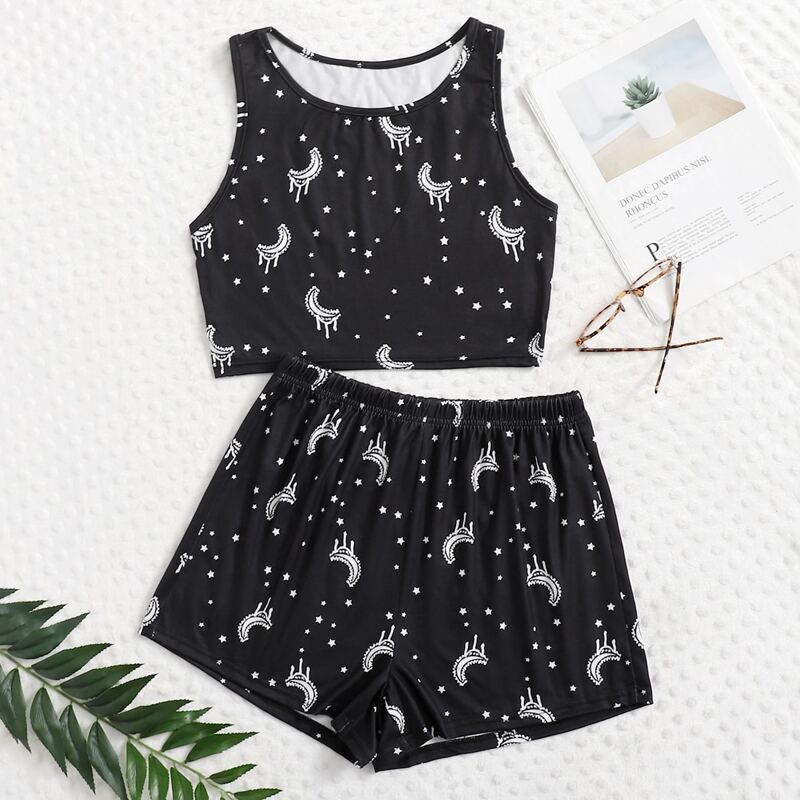 

Galaxy Print Crop Tank Top & Shorts PJ Set, Black