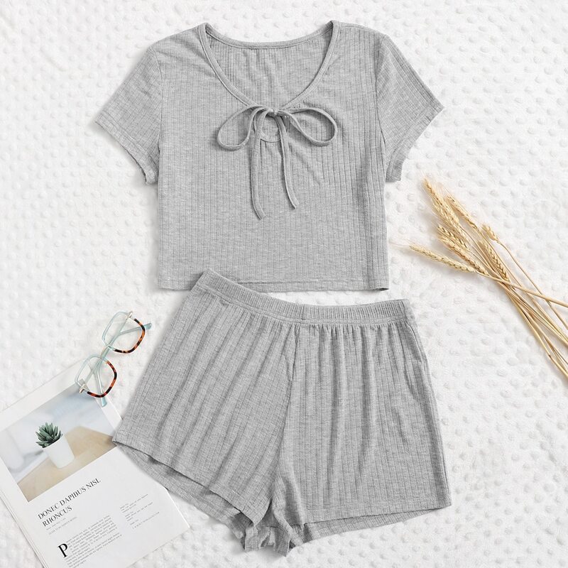 

Solid Tie Neck Tee & Shorts PJ Set, Light grey
