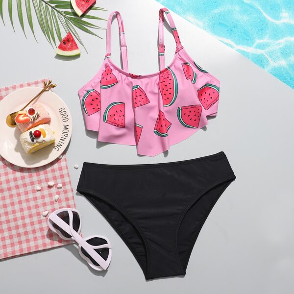 

Girls Watermelon Print Ruffle Hem Bikini Swimsuit, Multicolor