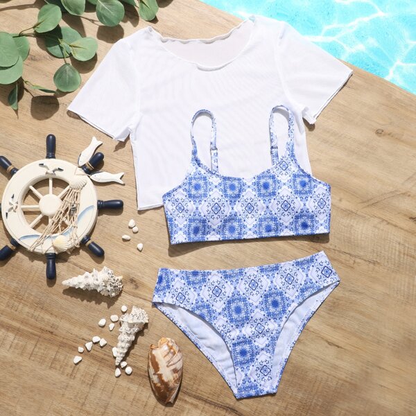 

3pack Girls Bikini Swimsuit & Cover Up, Blue and white