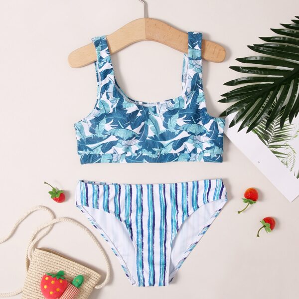 

Girls Tropical & Striped Bikini Swimsuit, Multicolor