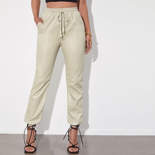 

Drawstring Waist PU Leather Pants, Beige
