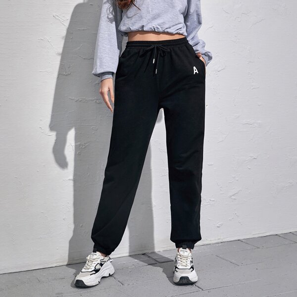 

Letter Graphic Drawstring Waist Sweatpants, Black