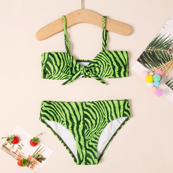 

Girls Two Tone Knot Front Bikini Swimsuit, Green