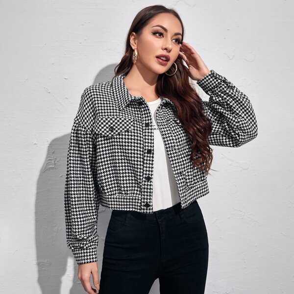

Drop Shoulder Houndstooth Crop Tweed Jacket, Black and white