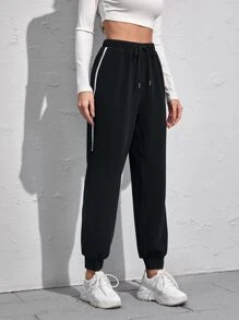 Side Stripe Drawstring Sweatpants - Black - View 1