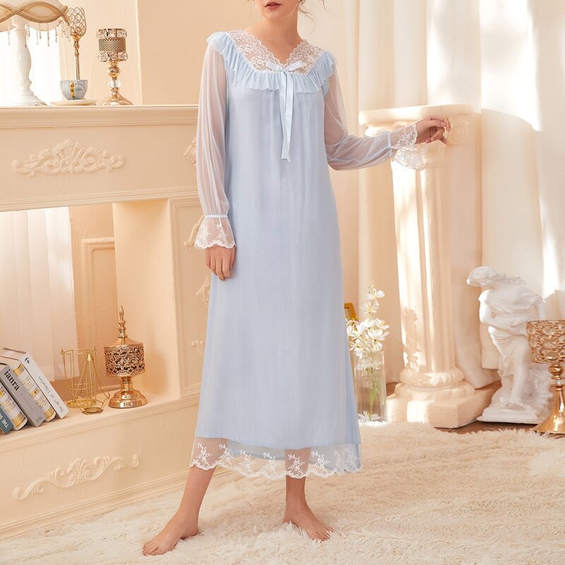 

Bow & Ruffle Trimed Night Dress, Dusty blue