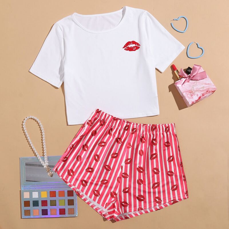 

Lip & Striped Print Short Sleeve Pajama Set, Multicolor