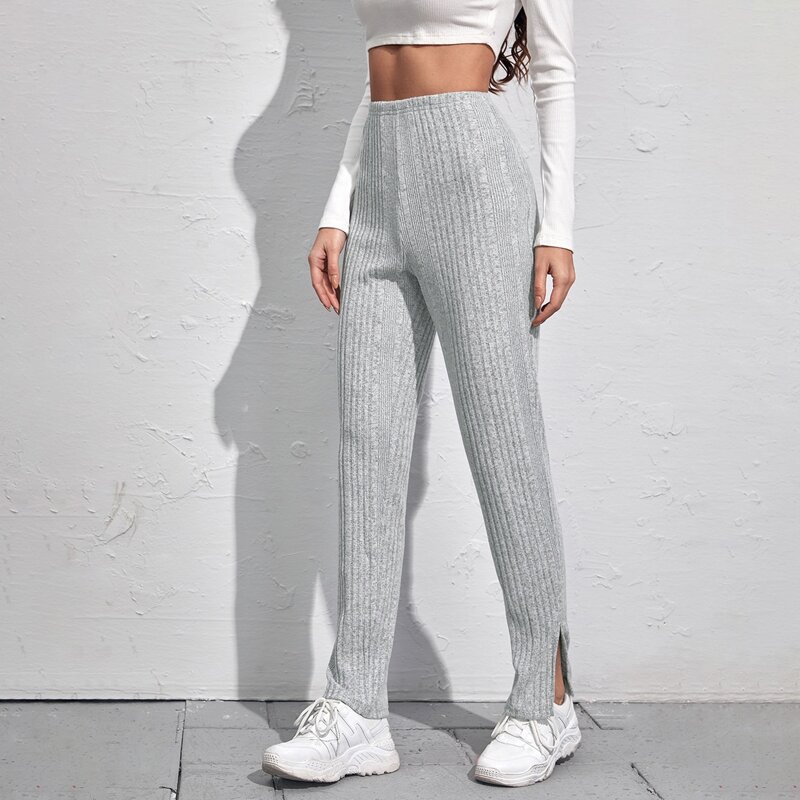 

Slit Hem Solid Pants, Light grey