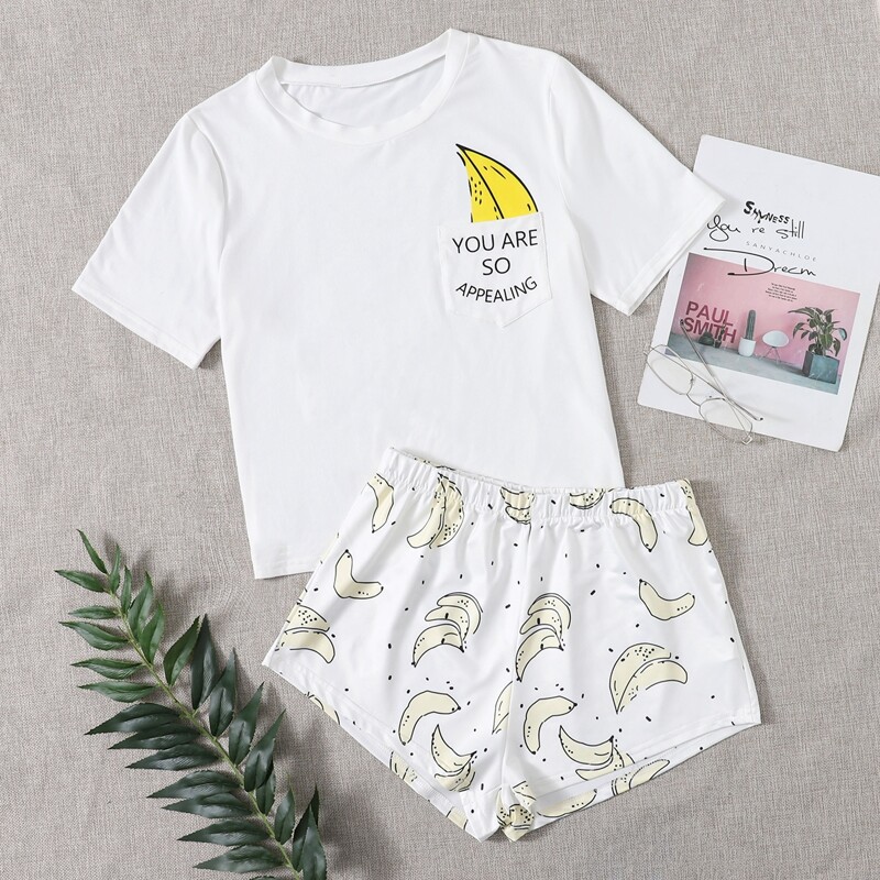 Slogan & Cartoon Graphic Pajama Set, White