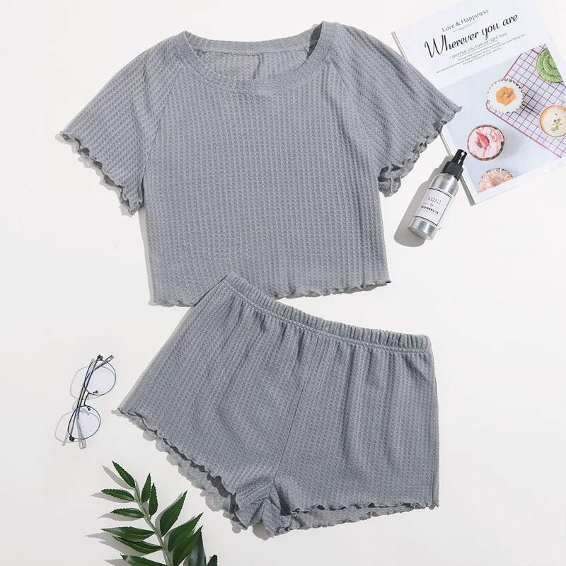 

Waffle Knit Lettuce Trim Lounge Set, Grey