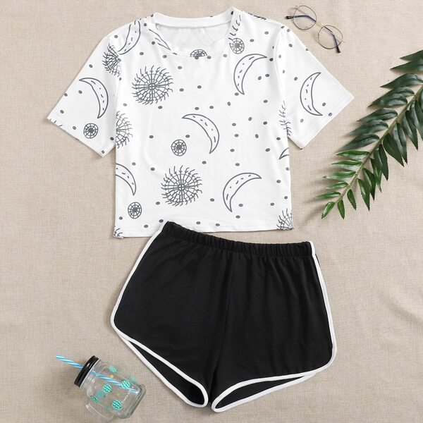 

Galaxy Print Tee & Contrast Binding Shorts PJ Set, Black and white