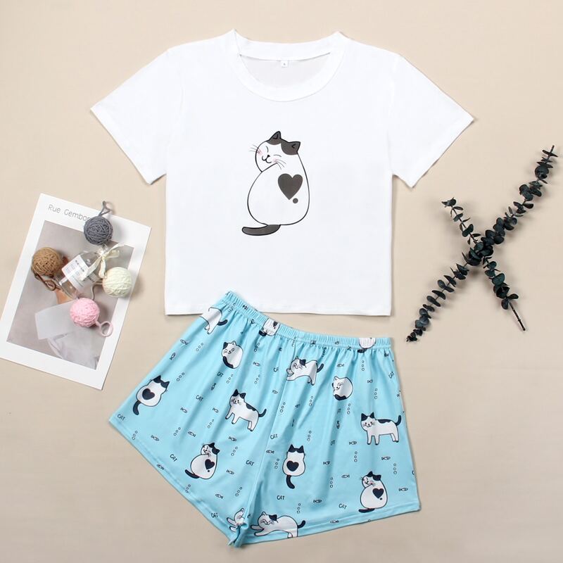 

Cartoon Cat Print Pajama Set, Blue and white