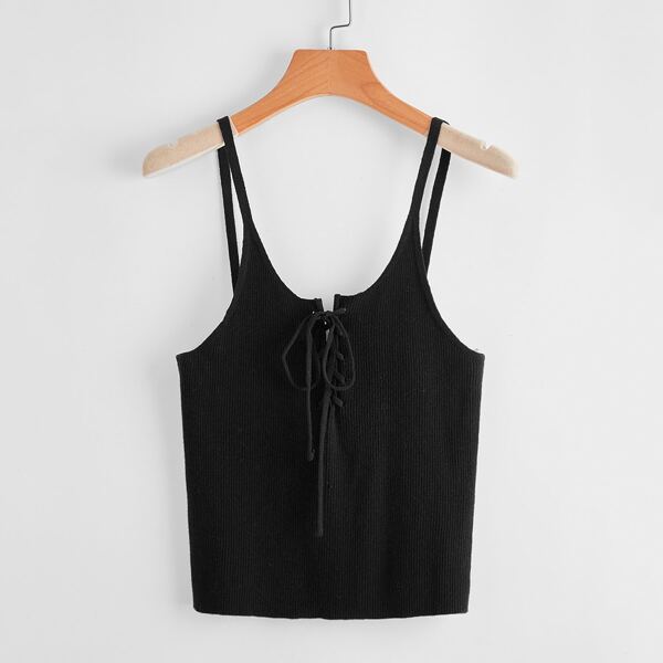 

Lace Up Front Cami Knit Top, Black