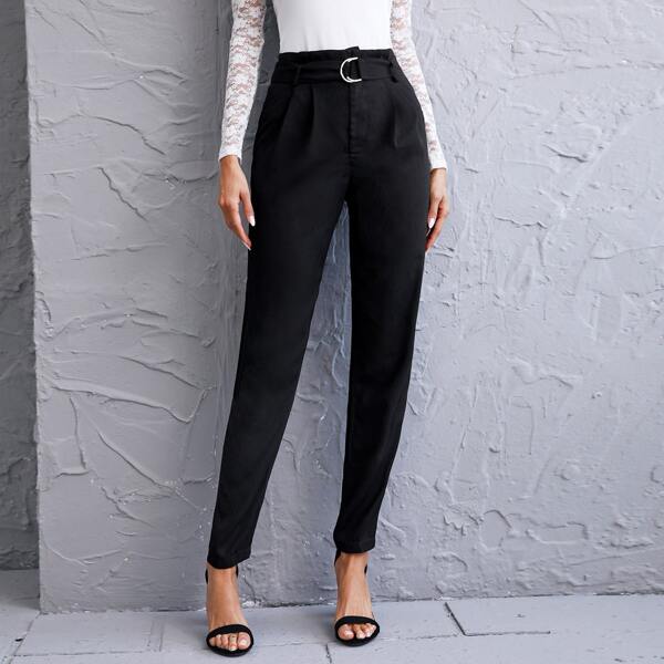 

Solid Belted Tailored Pants, Black