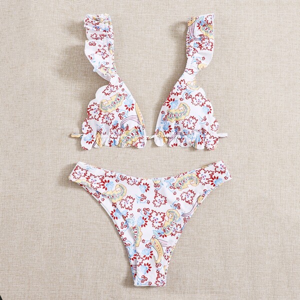 

Floral Ruffle Trim Bikini Swimsuit, Multicolor