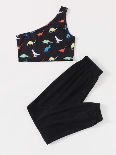 One Shoulder Dinosaur Crop Top & Joggers