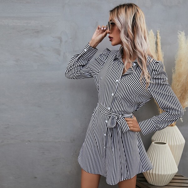 

Striped Puff Sleeve Belted Shirt Dress, Black and white