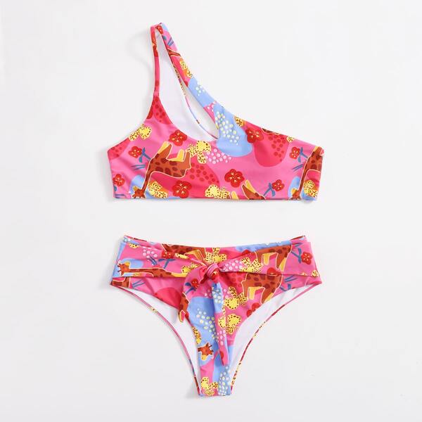

Floral & Giraffe Print One Shoulder Bikini Swimsuit, Multicolor
