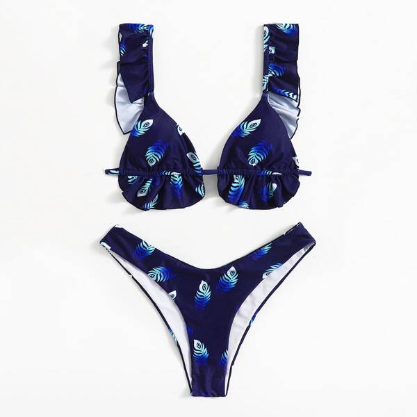 

Feather Print Ruffle Hem Bikini Swimsuit, Navy blue