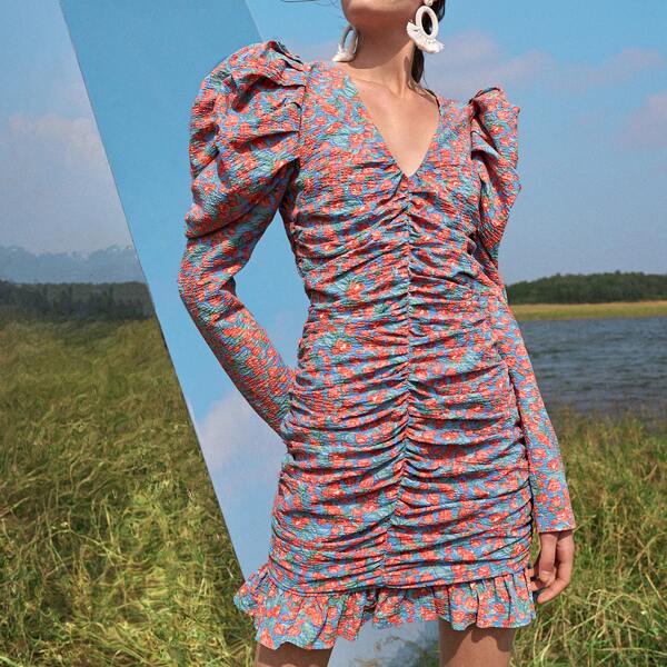 

Floral Gigot Sleeve Ruched Ruffle Hem Dress, Multicolor