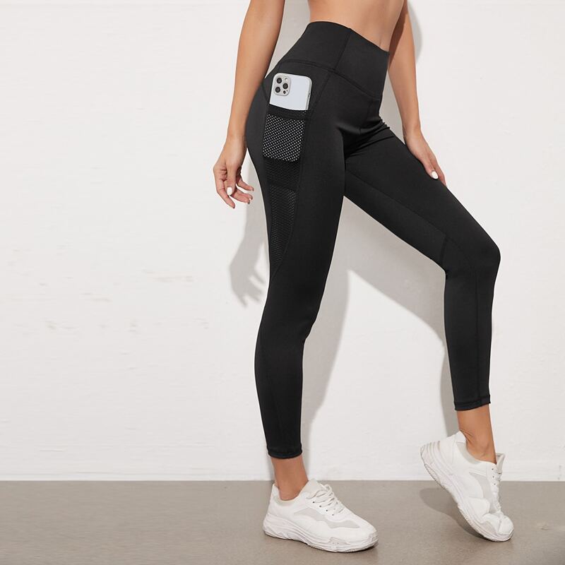 

Wide Waistband Sports Leggings With Phone Pocket, Black