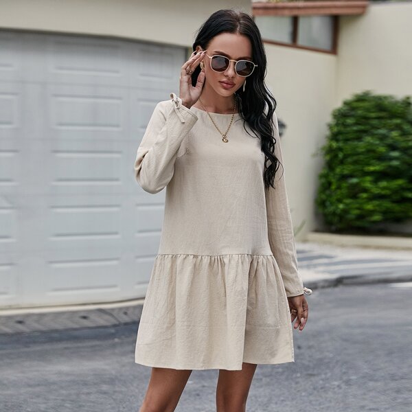 

Knot Cuff Ruffle Hem Solid Smock Dress, Beige