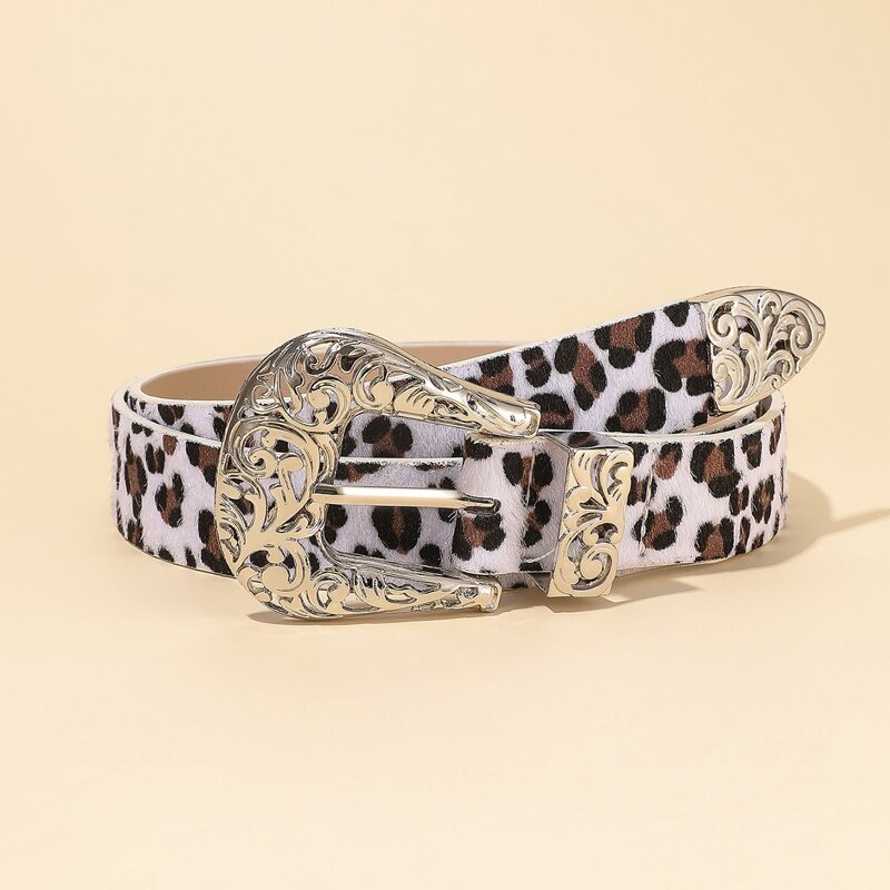 

Leopard Western Buckle Belt, White