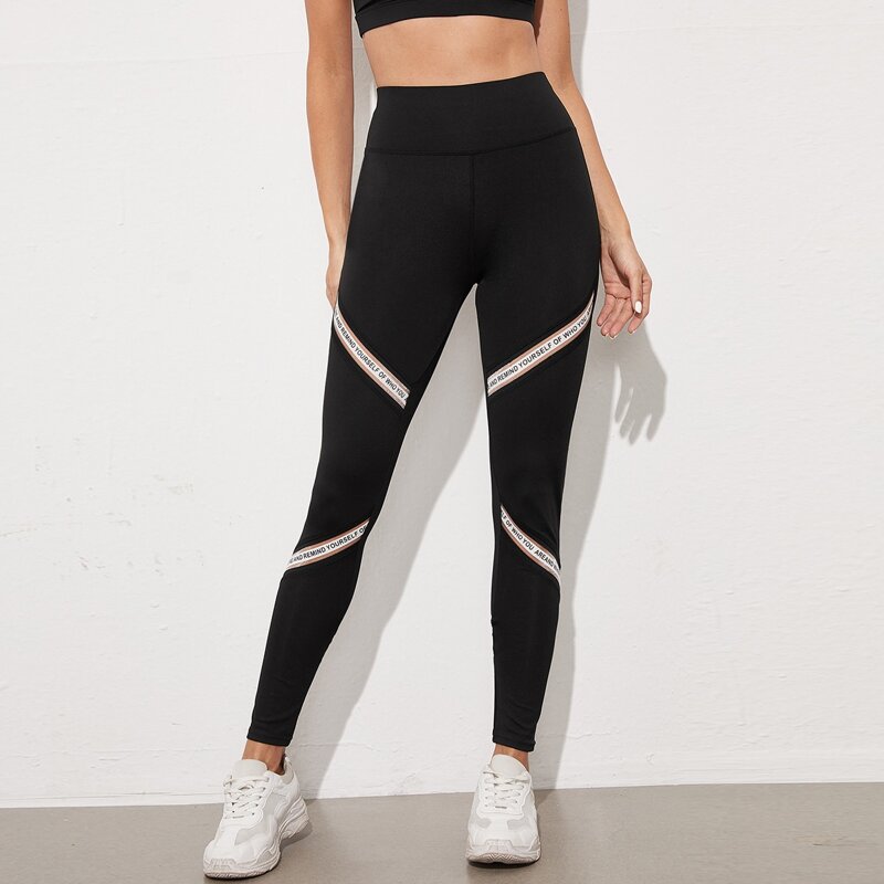 

Letter Tape Wide Waistband Sports Leggings, Black