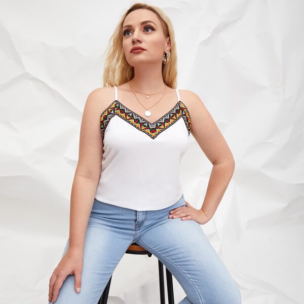 

Plus Double V-Neck Embroidered Tape Cami Top, White