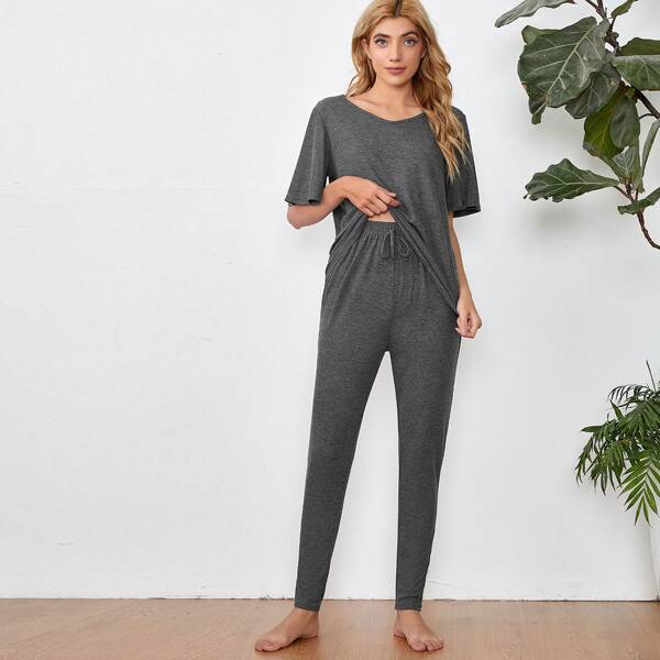 

Solid Flutter Sleeve Lounge Set, Grey