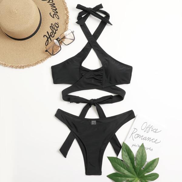 

Crisscross Halter Bikini Swimsuit, Black