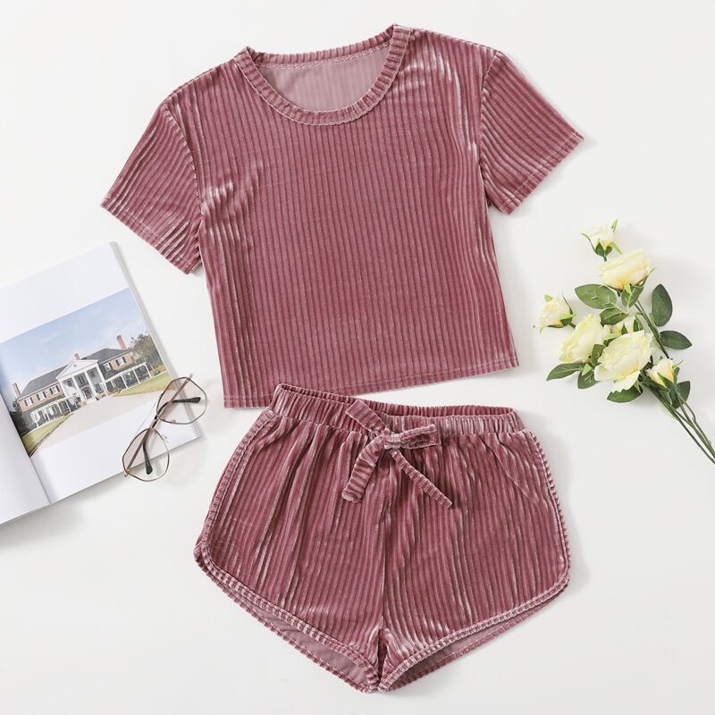 

Solid Bow Velvet Lounge Set, Dusty pink
