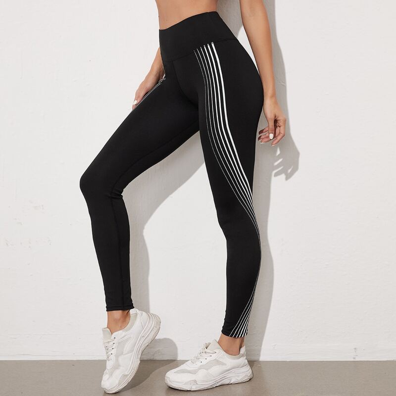 

Super Elastic Striped Print Sports Leggings, Black
