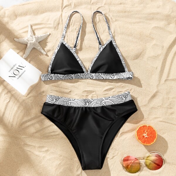 

Triangle High Waisted Bikini Swimsuit, Black