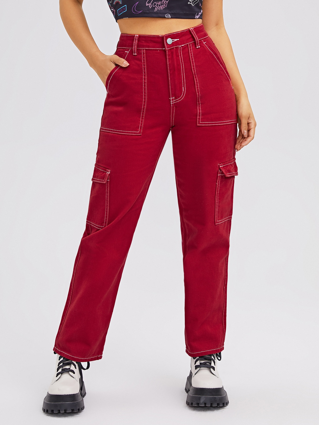High Waist Flap Pocket Whip Stitch Cargo Jeans thumbnail