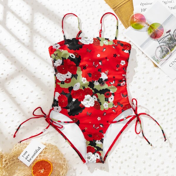 

Floral Tie Side One Piece Swimsuit, Red